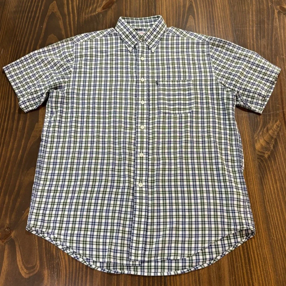 Brooks Brothers 346 Mens Large Plaid Short Sleeve Button Down Shirt Blue‎ Green